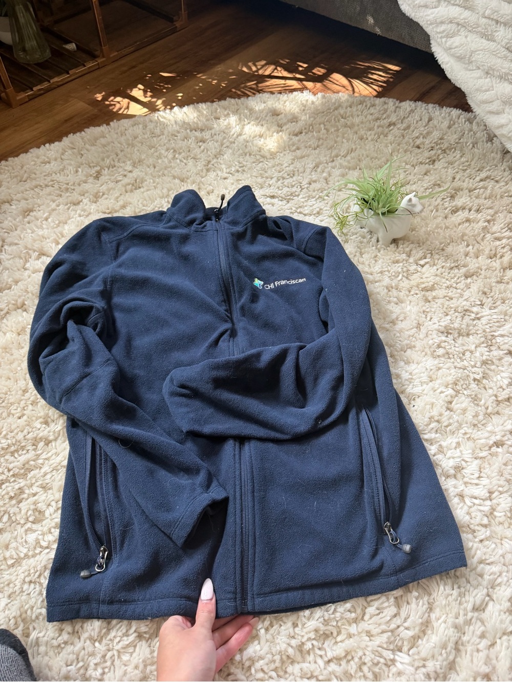 Eddie Bauer warm Franciscan Navy Work shirt Fleece Jacket with Chest Logo